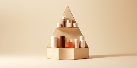 Product display stand with wooden geometric shapes on white and beige background, representing cosmetic presentation.