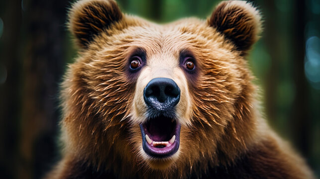 A surprised bear with raised eyebrows