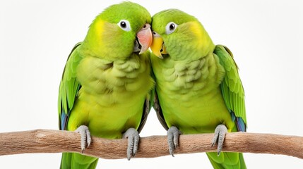 couple of green parrots kissing on white. - Powered by Adobe