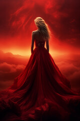 back view of a pretty young woman wearing a long flowing red dress - back view - full view - vibrant fantasy red sky - fantasy red dress - blond hair - above the clouds - warm fiery fantasy sky - obrazy, fototapety, plakaty