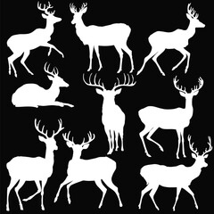 nine isolated white deers silhouettes