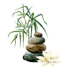 Fototapeta na wymiar Lotus flower with balanced stones pyramid and bamboo realistic watercolor illustration isolated on white background for yoga, spa centers, Asian nature cosmetics and health care
