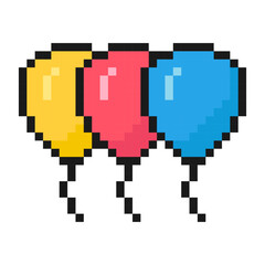 balloons pixel icon, celebration, 8 bit, 80s 90s old arcade game style, icon for game or mobile app, vector illustration