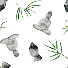 Buddha statues with Asian bamboo branches and leaves watercolor seamless pattern on white. Hand drawn Buddhism background for printing on fabrics, textiles and wrapping paper