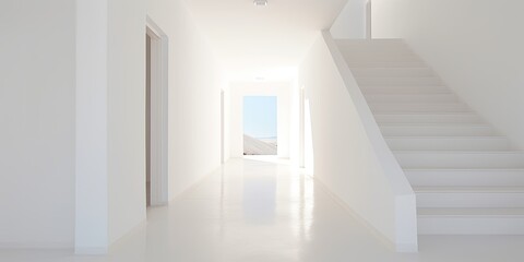 Modern light house with empty long hallway, staircase, and closed doors in white walls.
