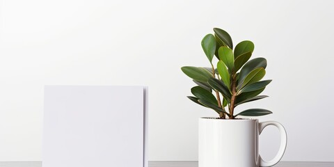 Minimalist interior with white mug, business notepads, and Ficus Lyrata Compacta. Template for design, advertising, and logo with copy space. Cup on light gray background.