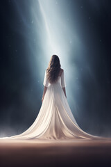 back view of a pretty young woman wearing a long flowing white dress - back view - full view - vibrant soft sky - fantasy white dress - mysterious fantasy dark and bright sky - brunette long hair