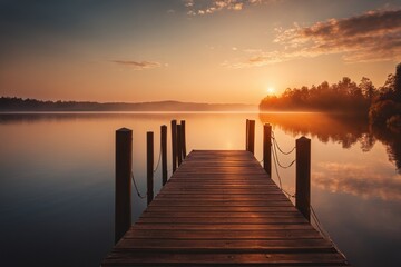 Fototapeta premium Relaxing morning at the lake at the jetty for sunrise