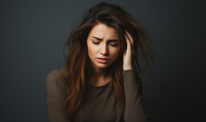 Fototapeta premium Anxiety, depression, stress, headache. Dizziness, sad and anxious thoughts of woman. Young famale is surrounded by stream of thoughts, chaos in head. Mental disorder. 