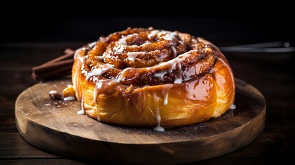 Freshly baked Homemade Cinnamon Roll or bun with icing on wooden platter. Blurred bokeh background.