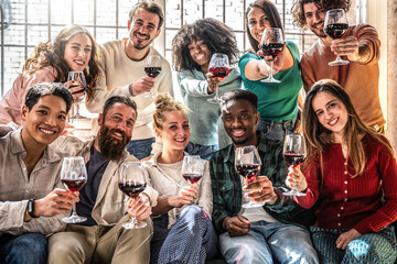 Group of friends toasting red wine sitting at living room at home - Gen z and millennial people...