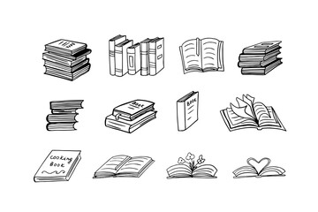 Big set of books in doodle style. Library, reading, literature, writer, open book, stack of books. Hand drawn vector illustration for cards, posters, stickers and professional design.