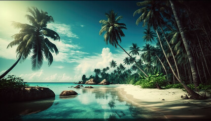 perfect tropical paradise with palm trees ocean and sand, Generative AI