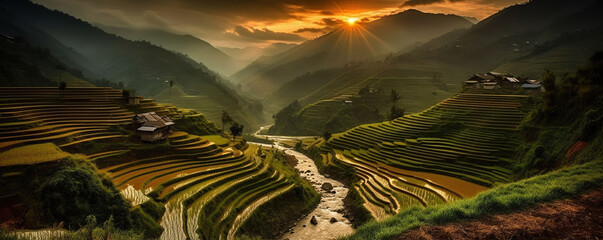 amazing landscape of hills in Vietnam during sunset, Generative AI