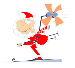 Skiing Santa Claus illustration. 
Winter sport. Santa Claus tries to skiing faster using a propeller. Isolated on white background
