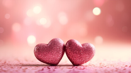Obraz premium Two Hearts On Pink Glitter In Shiny Background - Valentine's Day Concept