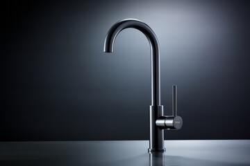 Close-up of modern black matte kitchen faucet, black acrylic stone countertop, stainless steel...