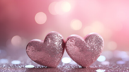 Fototapeta premium Two Hearts On Pink Glitter In Shiny Background - Valentine's Day Concept