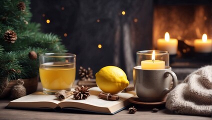 Winter home cozy concept. Mug with lemon tea, open book, warm sweater, candles and fir tree. Wellbeing, relaxing concept