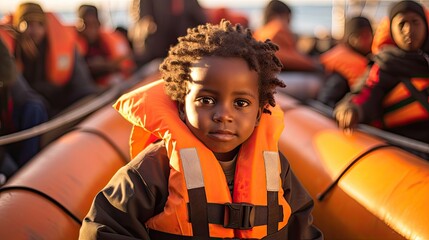 little african boy wearing an orange swimvest in a lifeboat - closeup portrait of a refugee