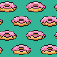 Pink donut pixel seamless pattern food isolated on green background