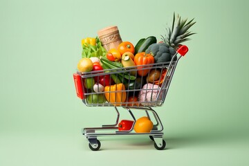 Supermarket shopping cart full of fresh vegetables. Metal Cart with wheels with groceries and shopping at the supermarket, shopping concept with empty or  copy space for text 