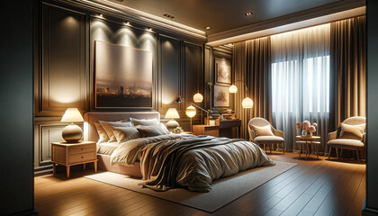 Cozy and warm bedroom, modern design