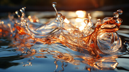 water splash in the style of tiffany glass and gaudi, curated collection, transparent, backlit, golden hour, shallow depth of field - obrazy, fototapety, plakaty
