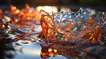 water splash in the style of tiffany glass and gaudi, curated collection, transparent, backlit, golden hour, shallow depth of field