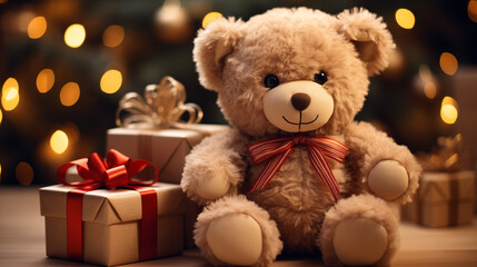 Bear doll holding giftbox in room with warm lighting and pine tree. Generative ai.