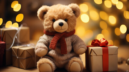 Bear doll holding giftbox in room with warm lighting and pine tree. Generative ai.