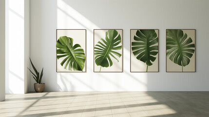 white scene decorate with monstera plant in frame and sunlight, 3d background, abstract background, 3d render, generate ai