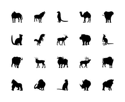 Animals silhouettes vector icons set. Isolated animal silhouettes horse, wolf, gopher, camel and more on a white background.