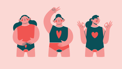 Set of illustrations with women during menstruation. Happy woman, girl, young lady in panties, underwear with menses. Period Power. Healthy lifestyle concept. Cartoon cute chracters in flat design.