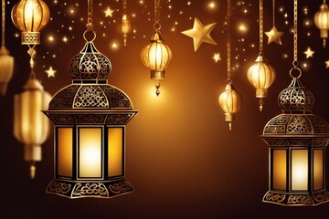Obraz premium Radiant Ramadan Elegance Golden Lanterns Garland and 3D Arabic Ornamental Brilliance