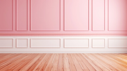 Elegant empty room with pink tall walls. Frame wall molding decorating. Wooden floor. Copy space. Generative AI