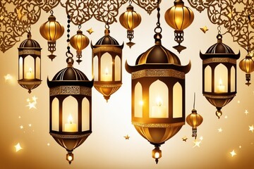 Fototapeta na wymiar Radiant Ramadan Elegance Golden Lanterns Garland and 3D Arabic Ornamental Brilliance