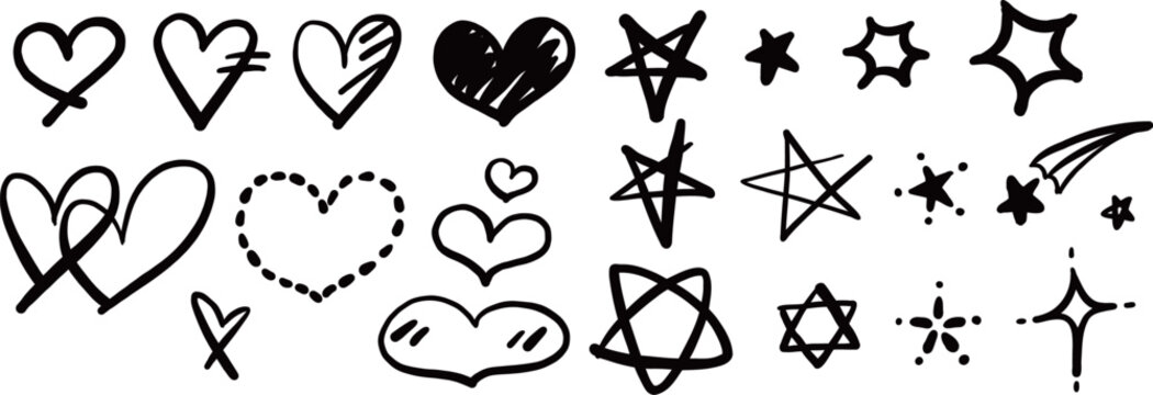귀여운 하트와 별 아이콘, 손그림, hand drawing cute heart and star simbols