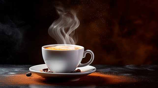 Cup of hot coffee on a black background. Selective focus.