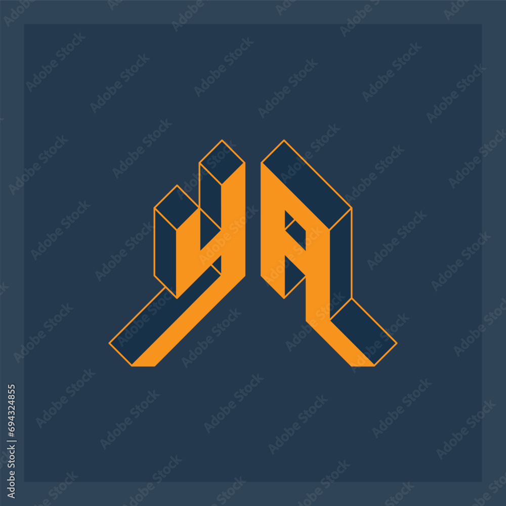 Poster three-dimension letters y and a. isometric 3d font for design. ya - monogram or logotype. volume alp