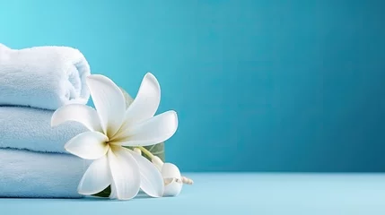 Zelfklevend Fotobehang zen flowers and white towels - spa/wellness backdrop-background © Salander Studio