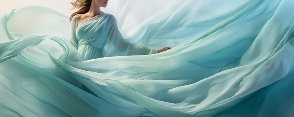 A woman in a blue light dress. the fabric billowing around her like the ocean waves. A place for text. Elegant stylish background. Fashion concept. Fabric in Motion. Grace. Ultra-wide banner