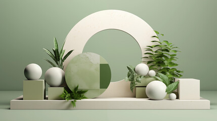 white podium and abstract geometry and plant with green background, 3d background, abstract background, 3d render, generate ai