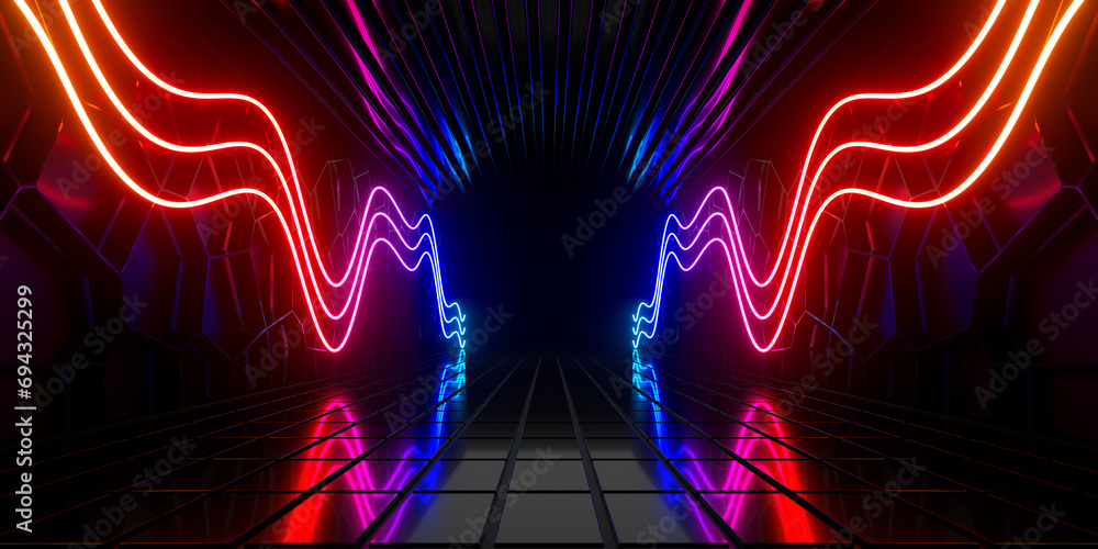 Poster Sci Fi neon glowing lines in a dark tunnel. Reflections on the floor and ceiling. Empty background in the center. 3d rendering image. Abstract glowing lines. Technology futuristic background.