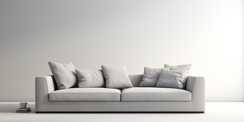 Side angled view of gray sofa against white backdrop.