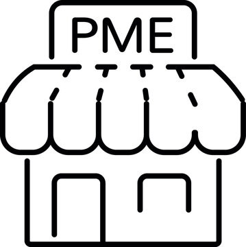 Icon of a small business storefront with "PME" sign, "petite et moyenne entreprise" for French speaker SME, small and medium-sized enterprise logo.