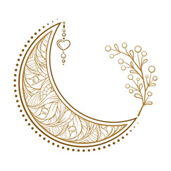 Golden crescent moon boho style illustration. Ethnic style vector graphic.