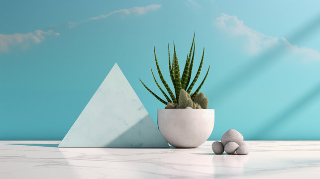 blue triangle and white marble floor and plant with blue aqua color background, 3d background, abstract background, 3d render, generate ai