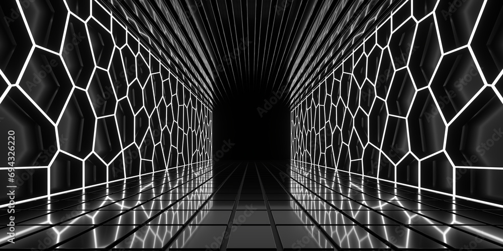 Poster sci fi neon glowing lines in a dark tunnel. reflections on the floor and ceiling. empty background i