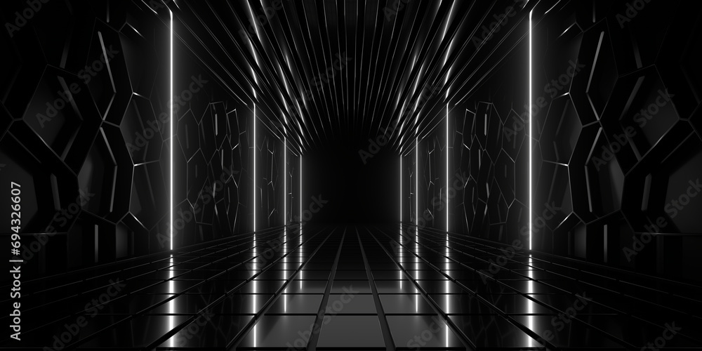 Poster sci fi neon glowing lines in a dark tunnel. reflections on the floor and ceiling. empty background i
